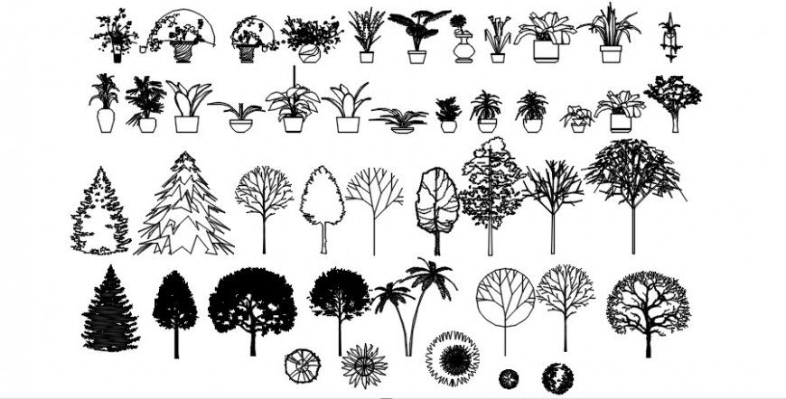 2 d cad drawing of flower pots and trees auto cad software