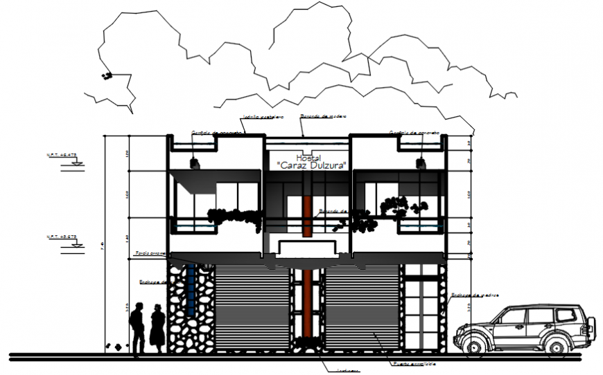 2 d cad drawing of hostel exterior with car parking  Auto Cad software