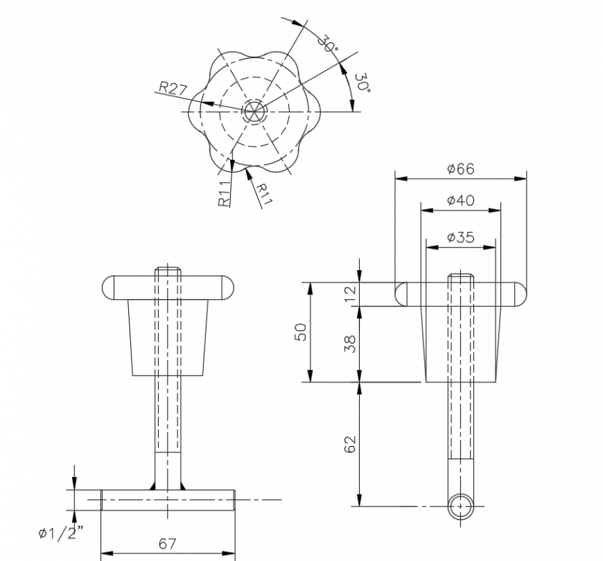 2 d cad drawing of knob auto cad software
