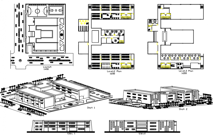 2 d cad drawing of school exterior campus elevation Auto Cad software