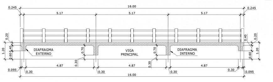 2 d cad drawing of the bridge of 16m long with the detailed structure