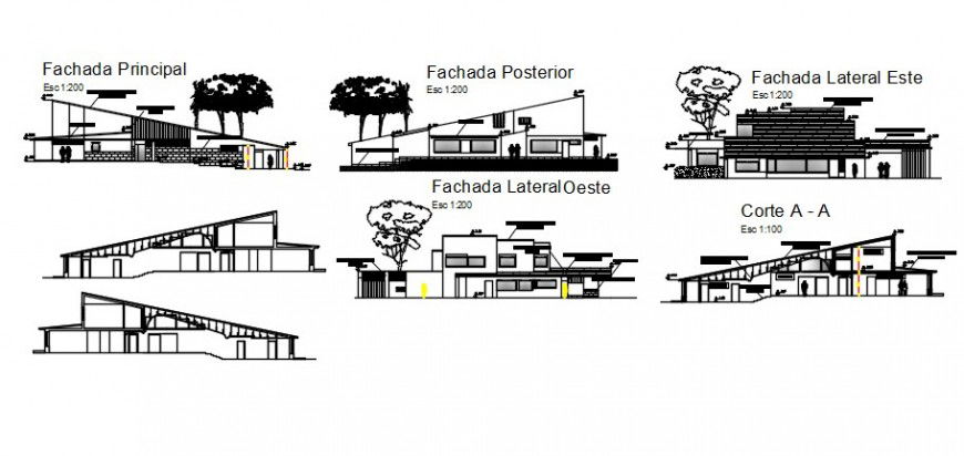 2 d cad drawing of three elevation exterior Auto Cad software