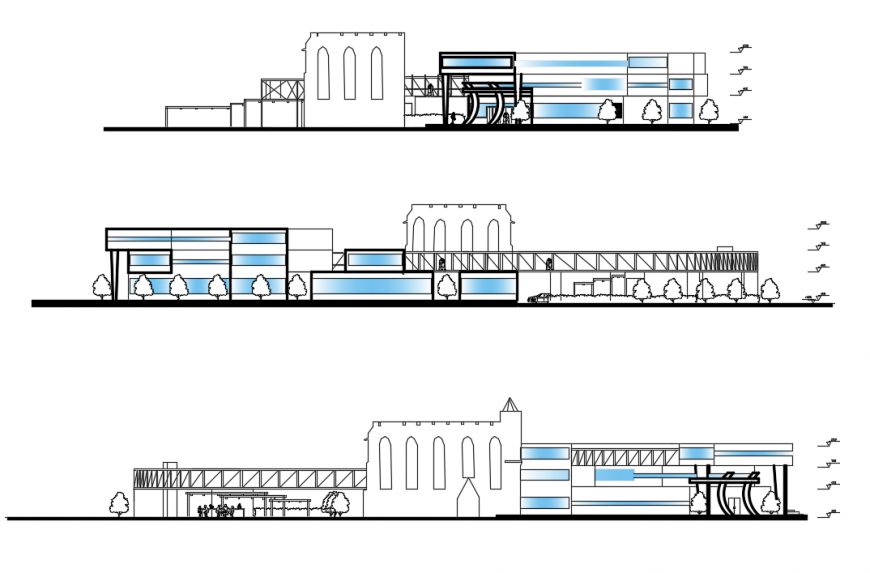2 d cad drawing of three section hotel auto cad software