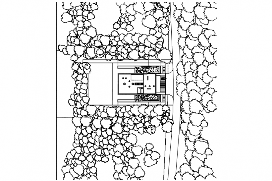 2 d cad drawing of top view building with garden top Auto Cad software