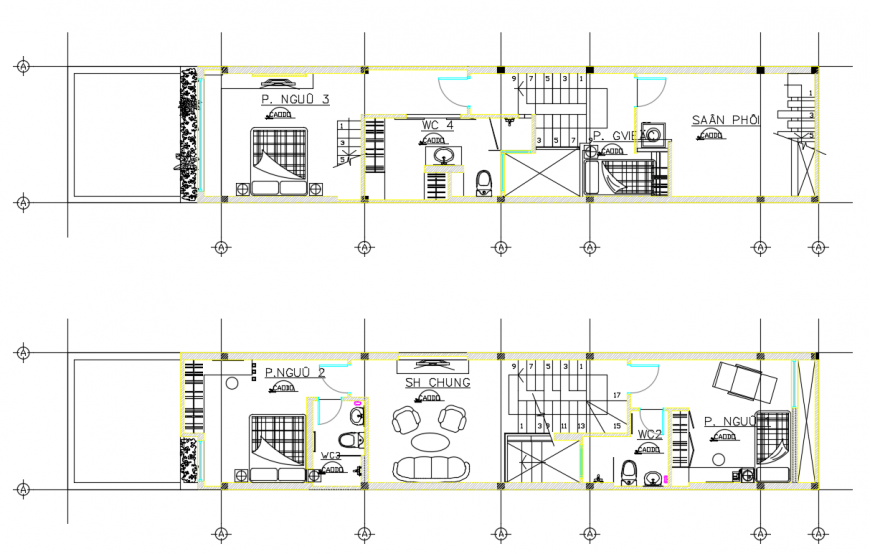 2 d cad drawing of two-floor plan Auto Cad software