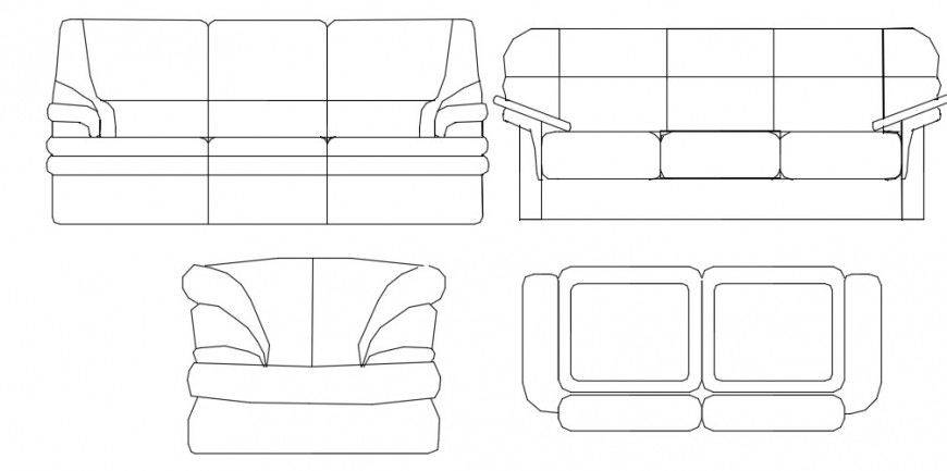 2-Seater Sofa Top and Front View CAD Blocks in DWG File