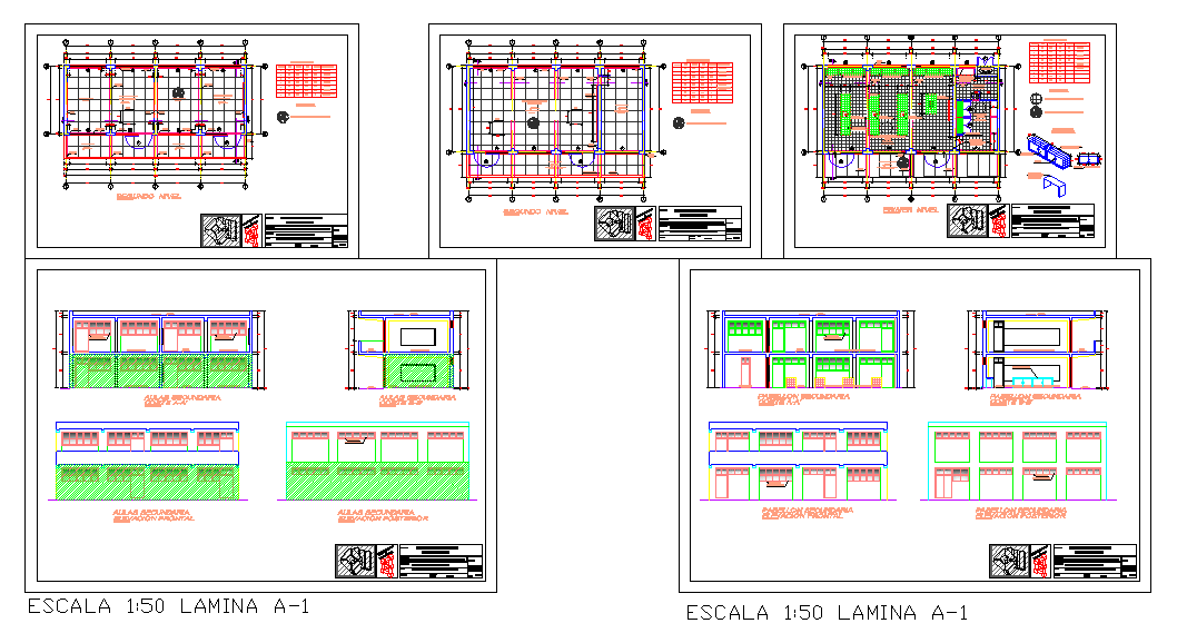 High school project plan with classroom layout and full elevation set