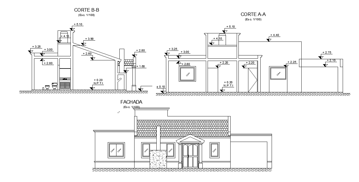 2 bedroom house elevation and section details are given in the Autocad 2D drawing file. Download the Autocad file.