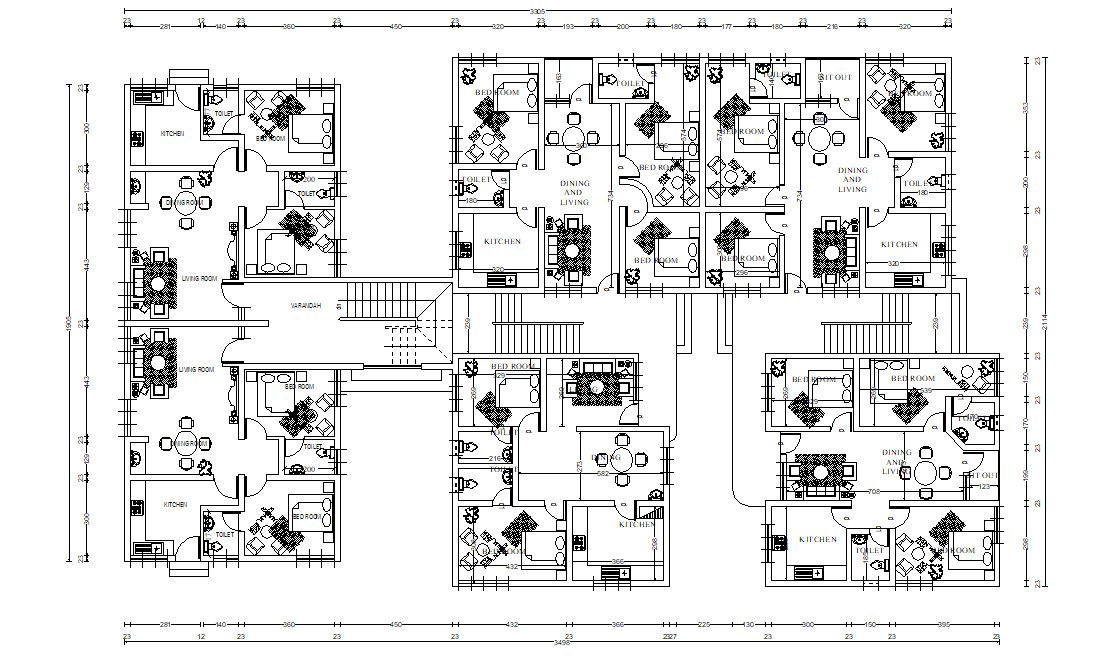 2 And 3 BHK Apartment Furniture Layout Plan DWG File