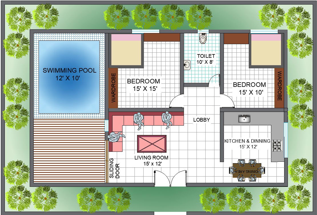 2bhk Bedrooom House Plan With Landscape And Swimming Pool. detail drawing presented in this AutoCAD file. Download this 2d AutoCAD drawing file.