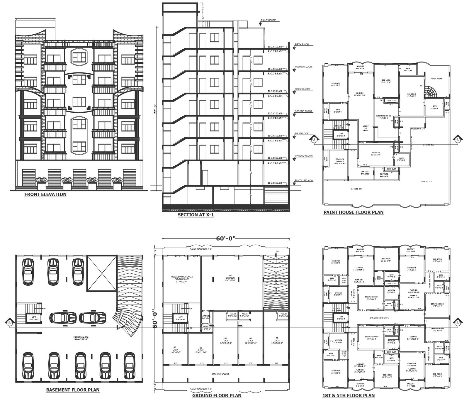 2 bhk apartment design with penthouse on upper floor on plot size 60 X60 ft detailed plan section and elevation DWG autoCAD drawing