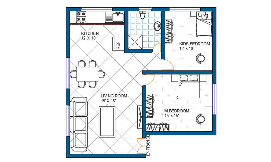 2bhk floor plan with furniture layout