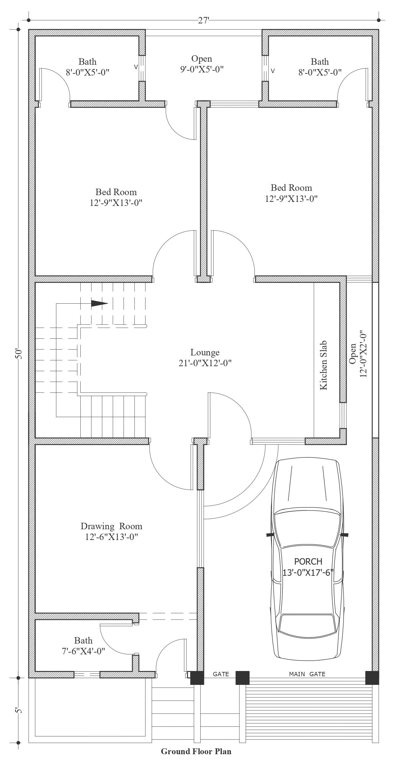 2bhk house design on plot of 27ft X 55ft detailed layout plan DWG autoCAD drawing