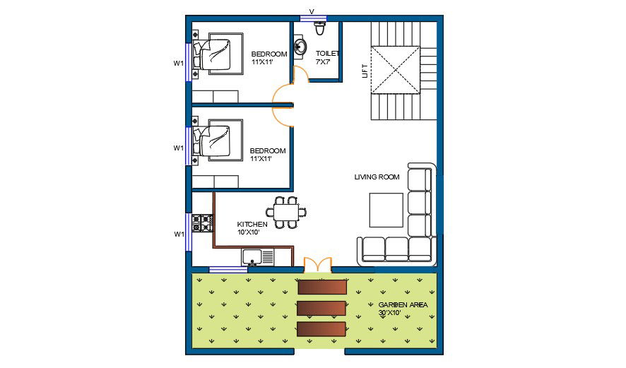2bhk plan with landscaping design