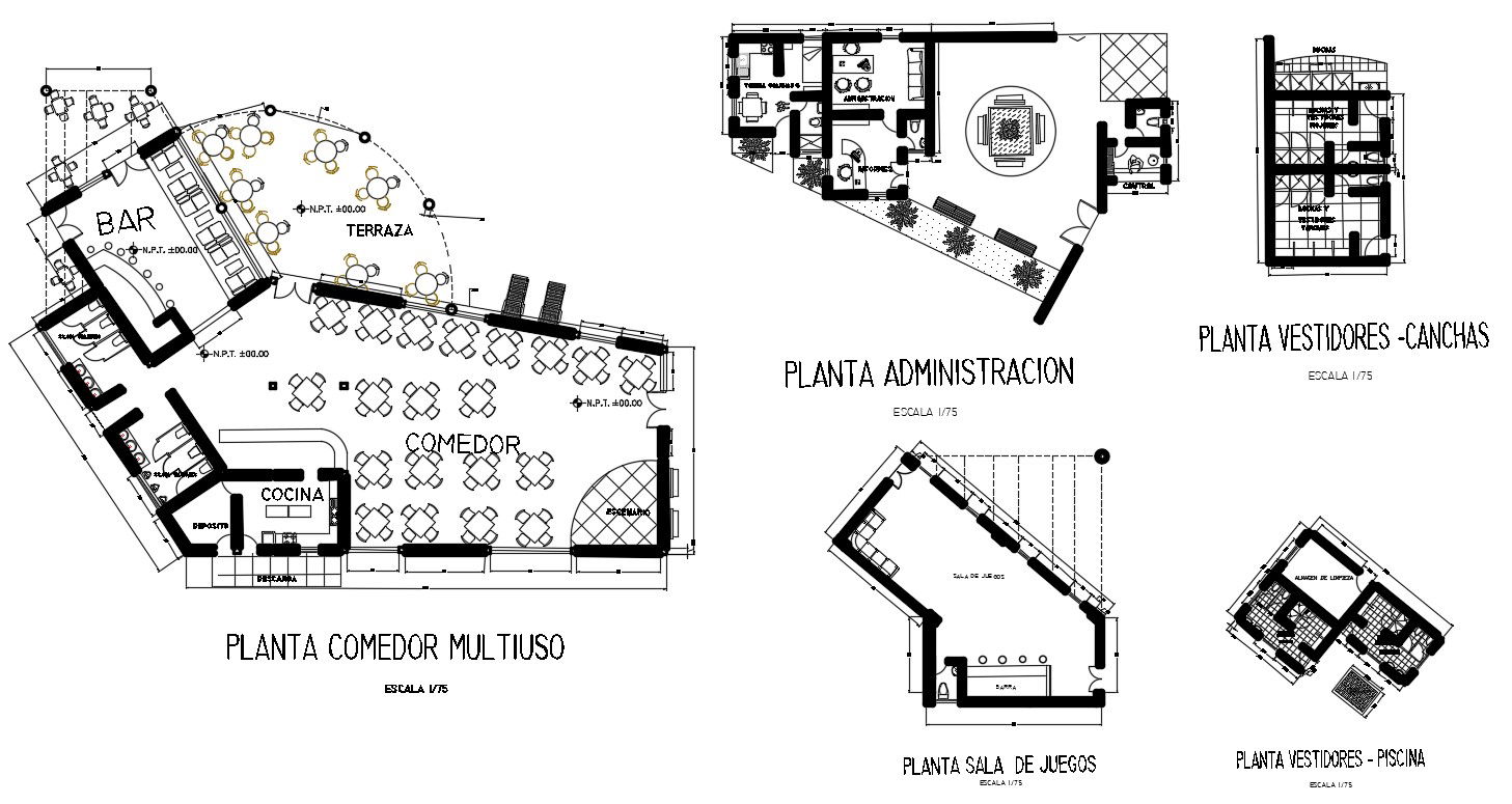 2d CAD layout floor plan of restaurant building dwg file