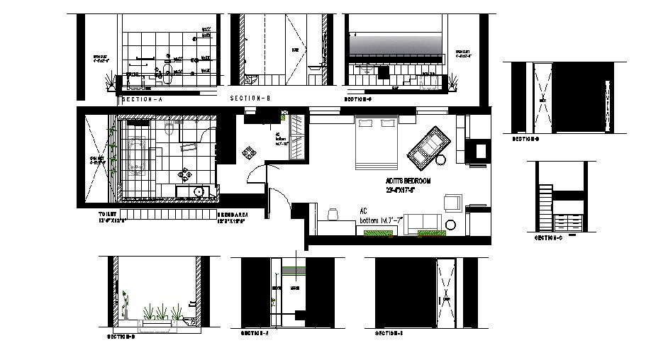 2d Drawing of bedroom 23'4''*17'6'' and bathroom 13'6''*12'6'' layout plan
