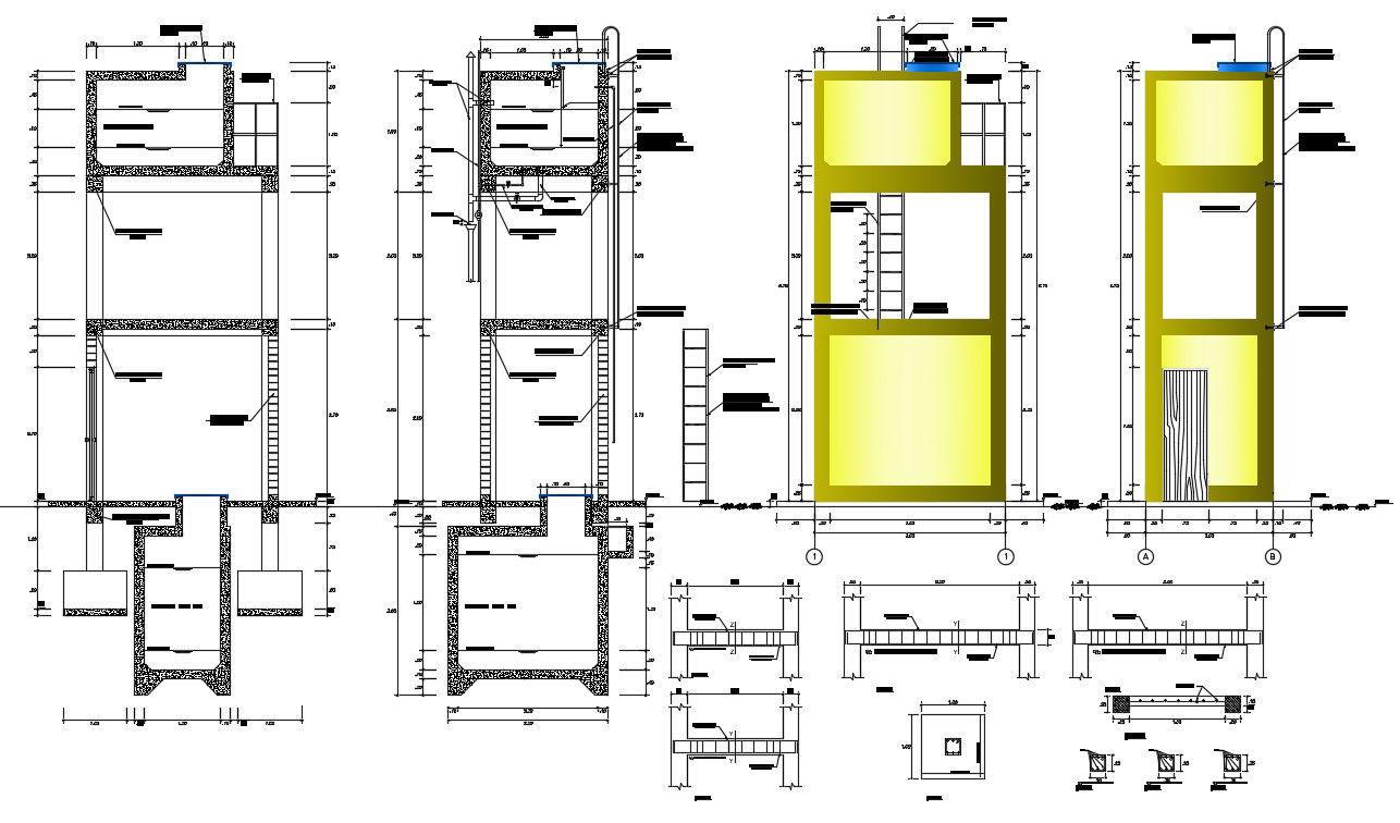 2d cad drawing of hospital beam section and elevation in dwg file
