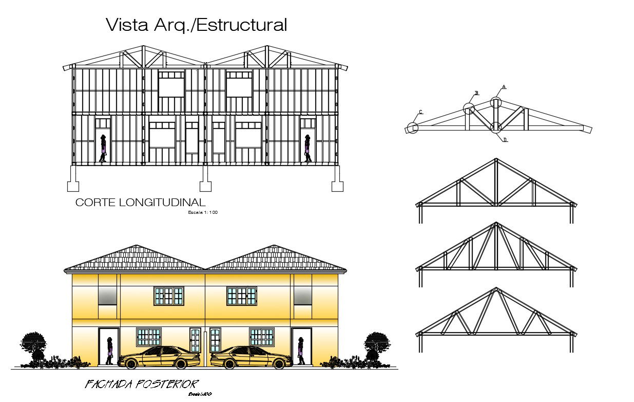 2d design elevation of housing bungalow with section dwg file