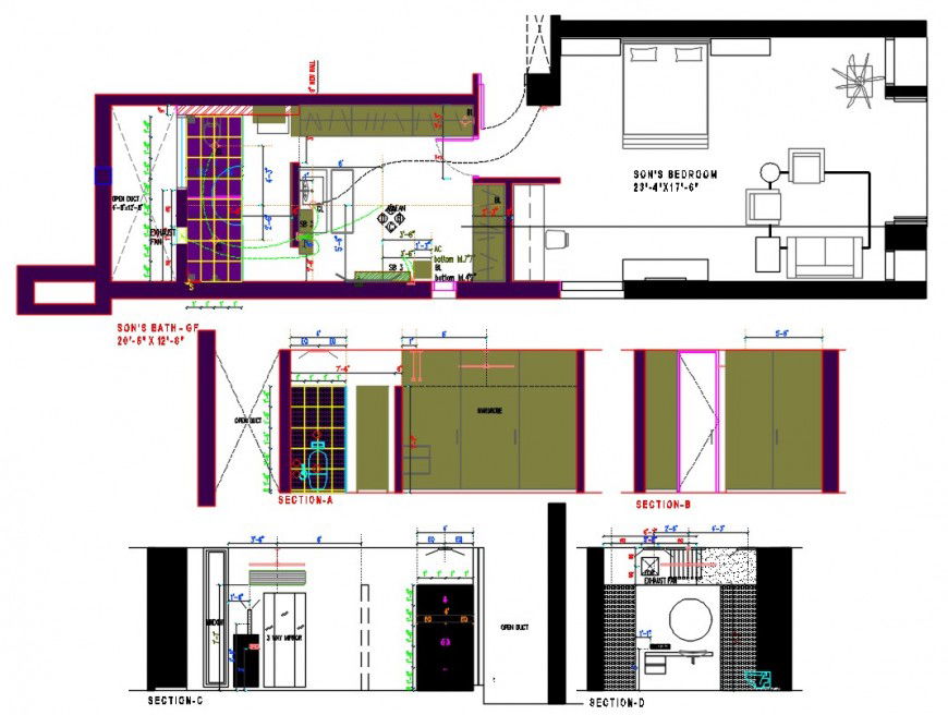 2d bedroom plan and section drawings dwg autocad file