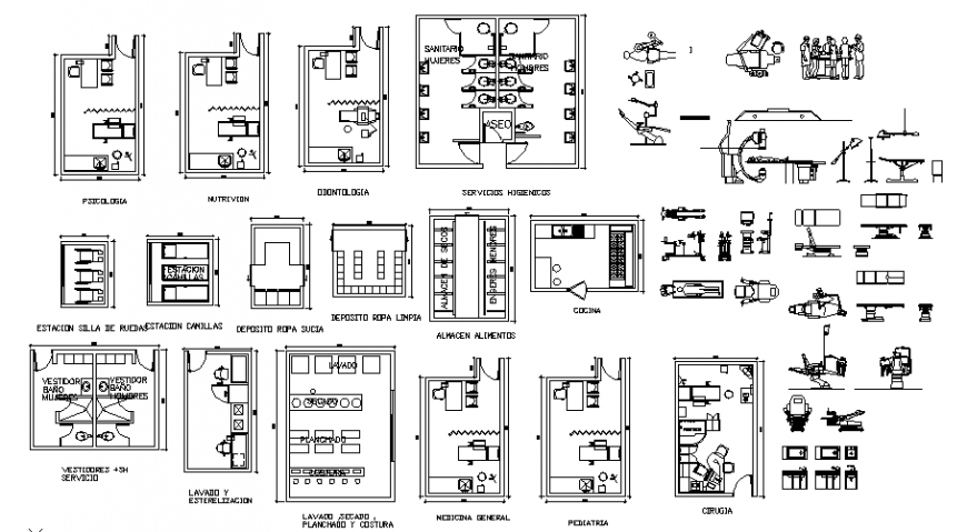 2D block of various types of hospital equipment design drawing