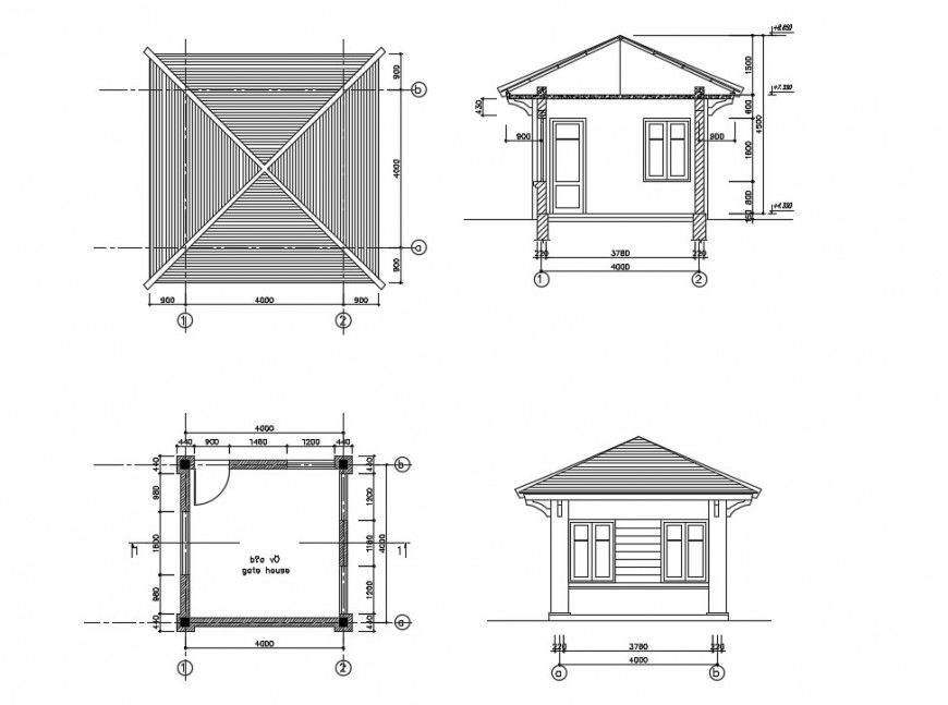 2d CAD drawings of guard house plan elevation and section dwg file