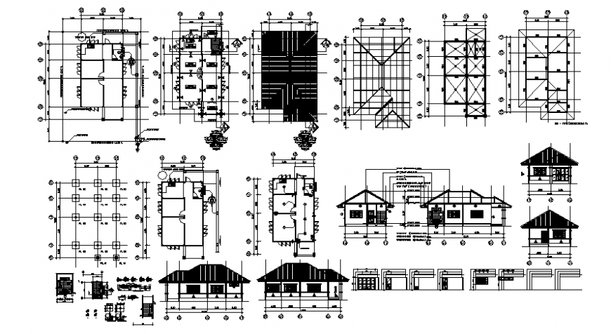 2d CAD drawings of single story house plan elevation and section dwg file