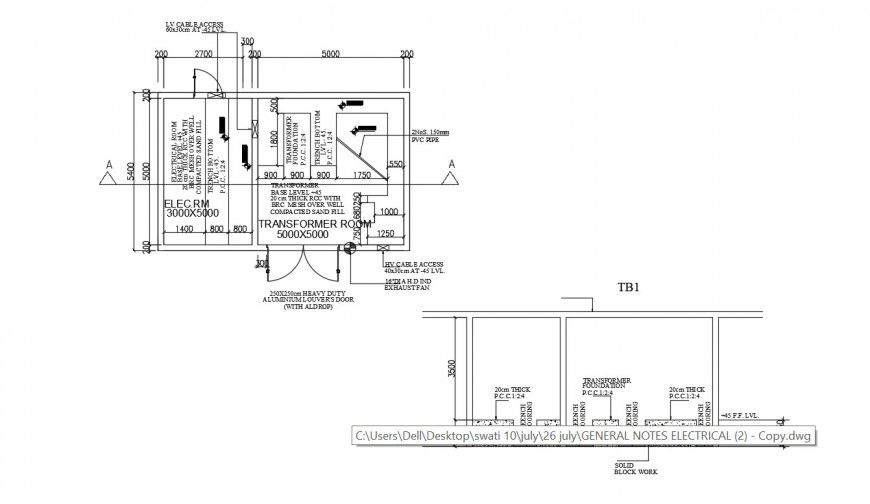 2d CAD plan and a section of electrical room dwg file