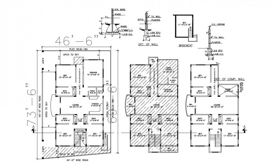 2d cad drawing of a detail of wall and basement plan autocad software