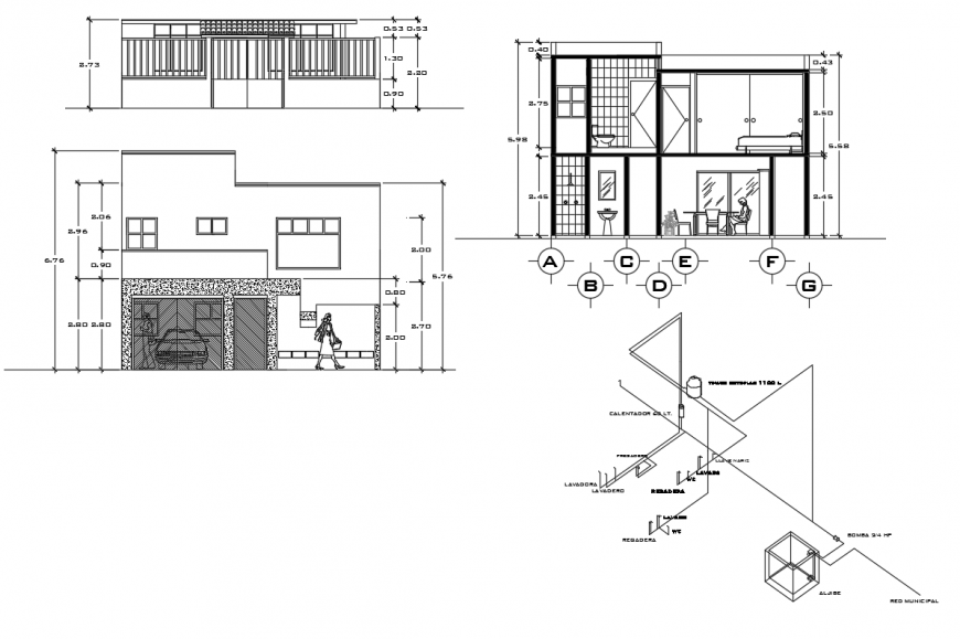 2d cad drawing of a section of storey house autocad software