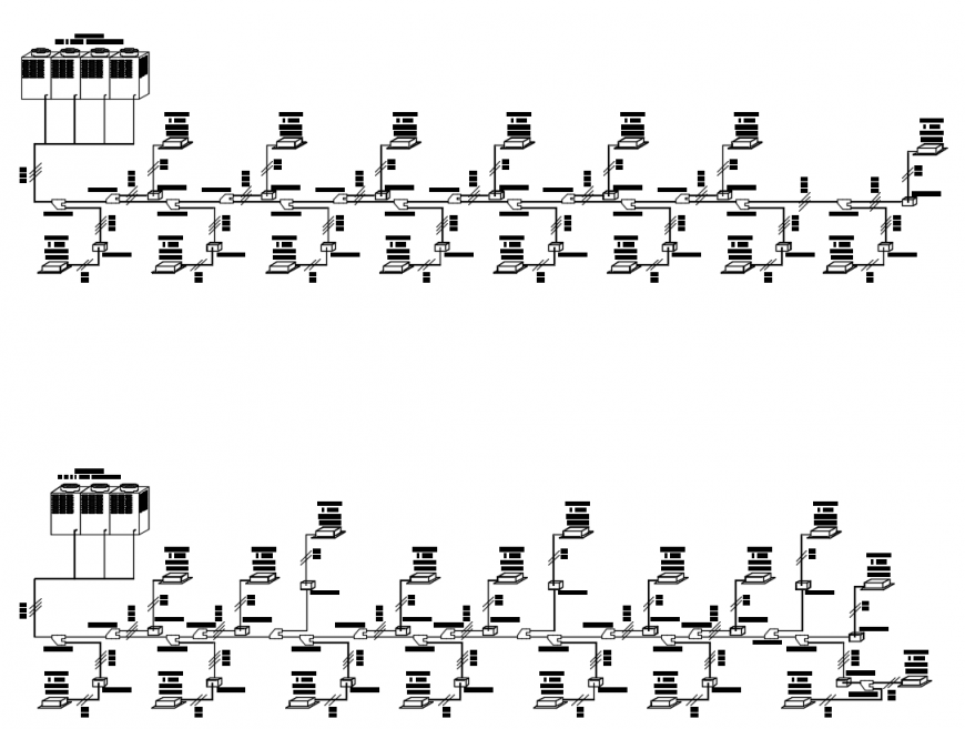 2d cad drawing of air conditioning autocad software tht shows the in stallation of air condtioning with necessary appliances been conducted to all the area directly to one phase for all worjking area.