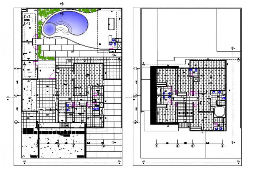 2d cad drawing of architecture residence layout plan