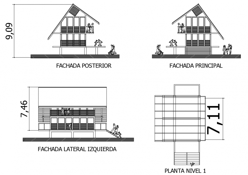 2d cad drawing of bungalow elevation planauto cad software