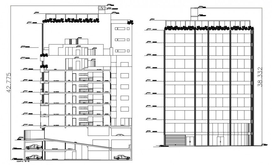 2d cad drawing of car elevation with bulding autocad software