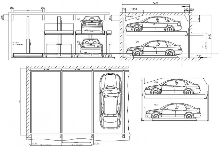 2d cad drawing of car parking elevation dual autocad software