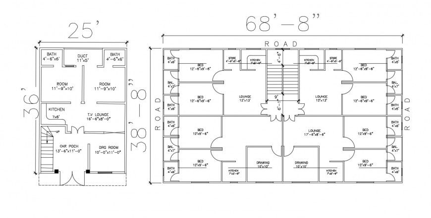 2d cad drawing of car porch withdrawing room with kitchen area
