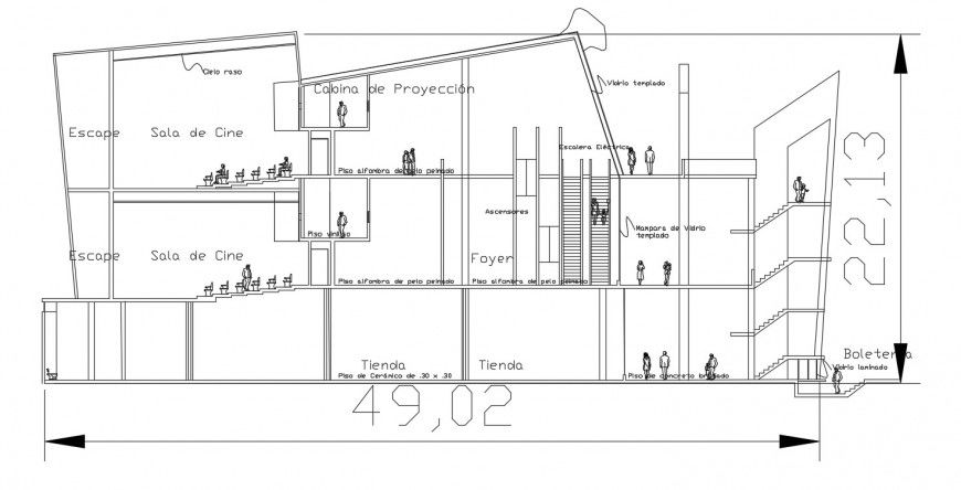 2d cad drawing of cinema foyer area elevation autocad software