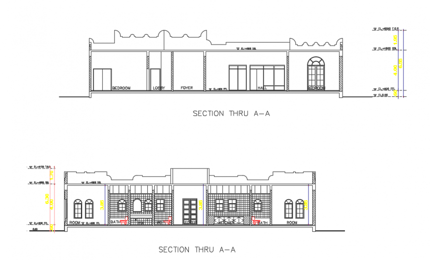 2d cad drawing of clubhouse sections autocad software