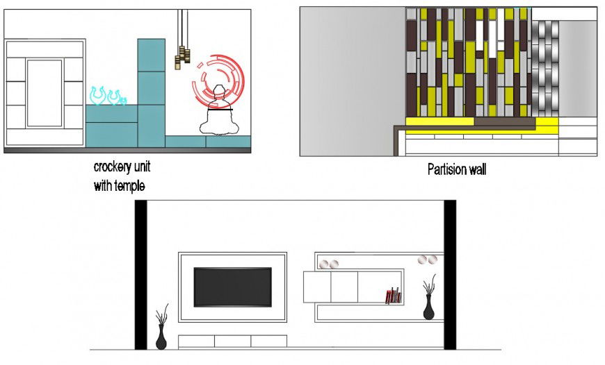 2d cad drawing of crockery unit with temple and partition wall