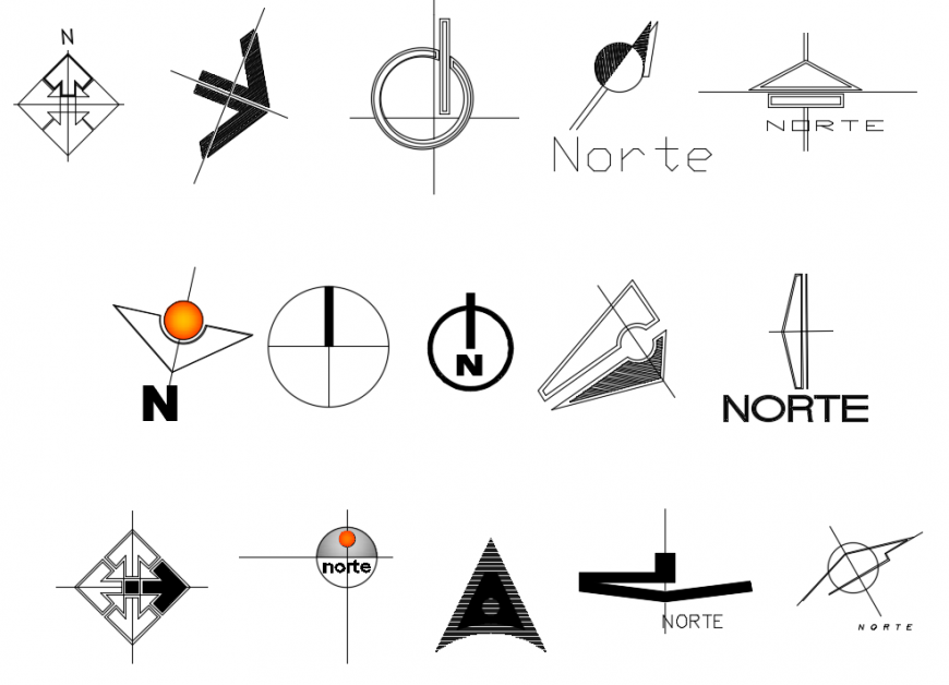 2d cad drawing of direction symbols auto cad software