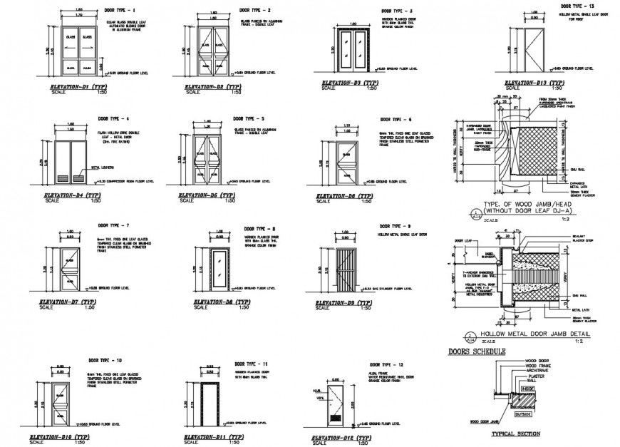 2d cad drawing of door elevation types autocad file