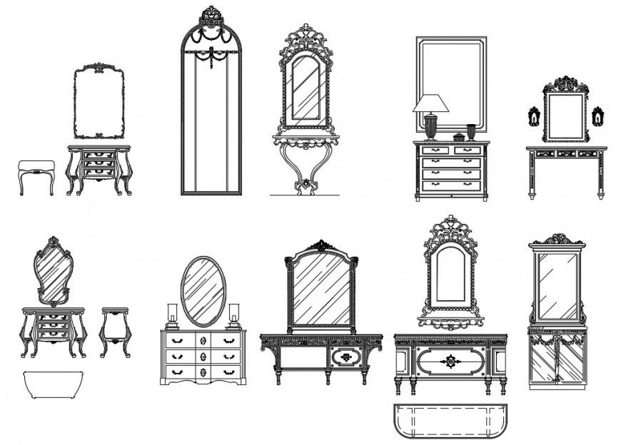 2d cad drawing of dressers with mirror autocad software