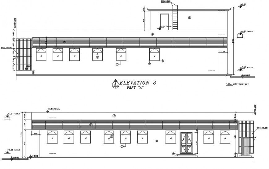 2d cad drawing of elevation 3 of office exterior autocad file