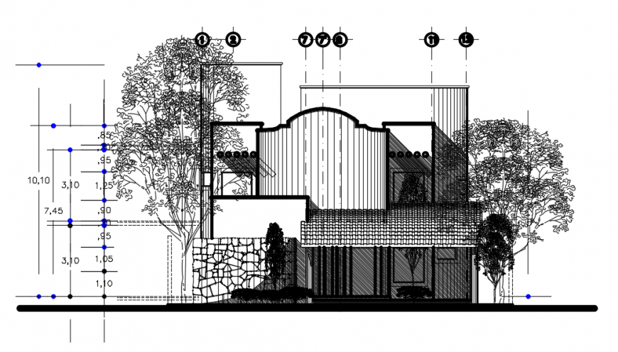 2d cad drawing of exterior bungle with trees auto cad software