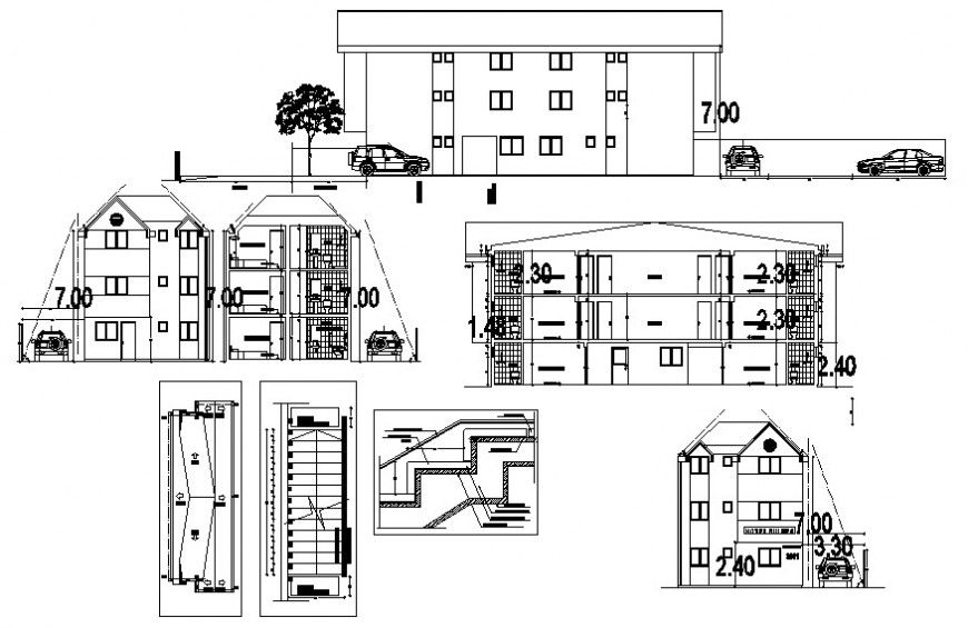 2d cad drawing of exterior elevation bulding autocad software