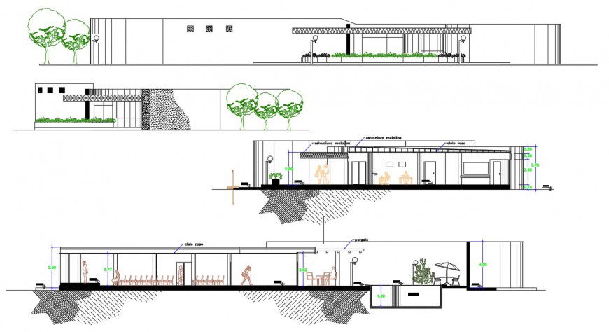2d cad drawing of exterior elevation of park view autocad software