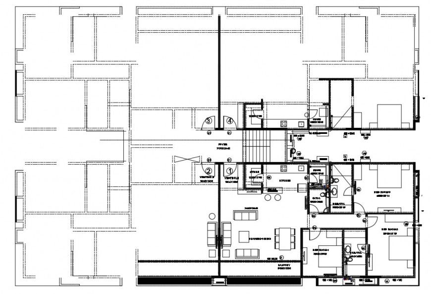 2d cad drawing of final floor with three bedroom elevation autocad software