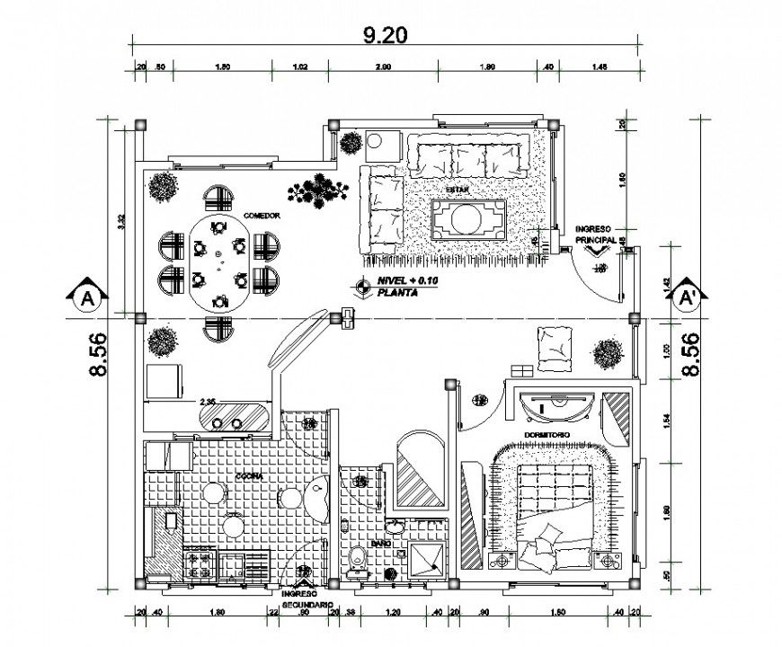 2d cad drawing of foyer area with living area and dining area  autocad software
