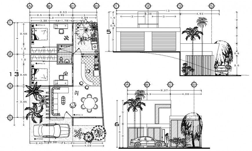 2d cad drawing of home 3 elevation autocad software