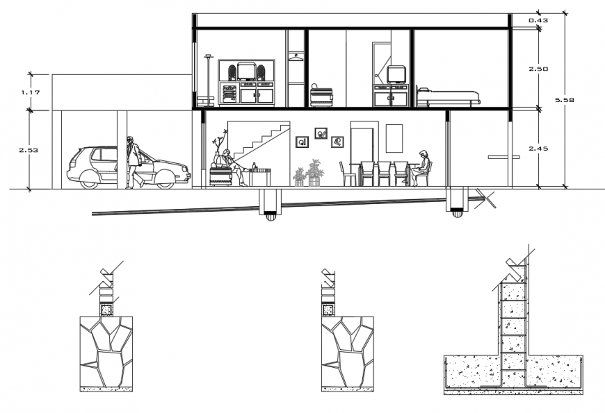 2d cad drawing of house whole elevation autocad software