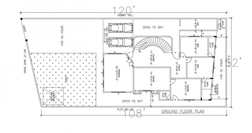 2d cad drawing of bungalow  hill autocad software